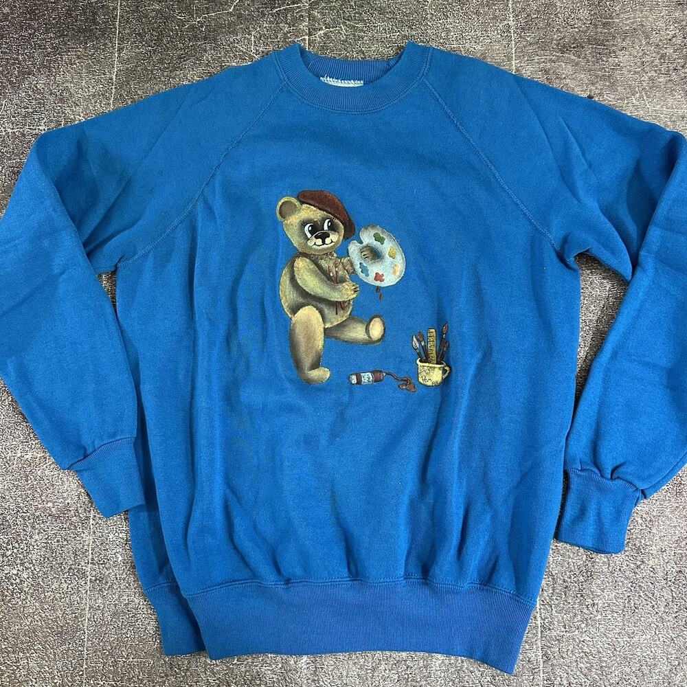 Men's Vintage 80s Bassett Walker Blue Custom Paint Bear Crewneck Sweatshirt Sz L